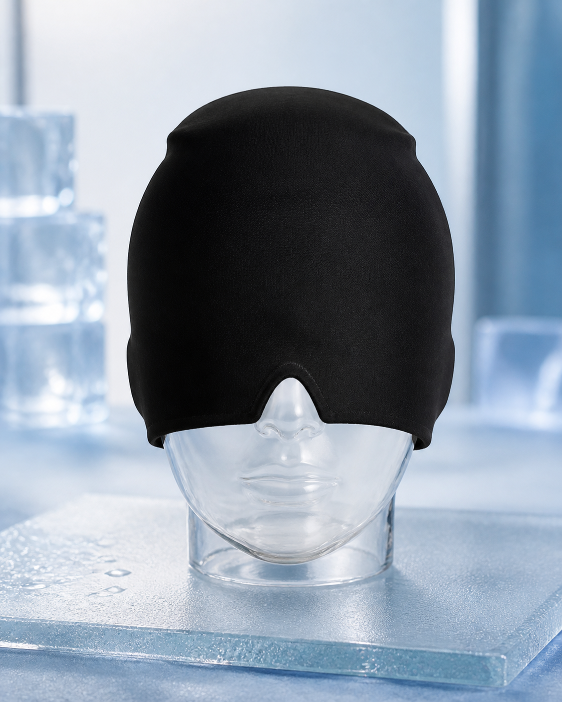 Black Glacia stretch gel migraine cap with lower eye band and V-shaped nose notch